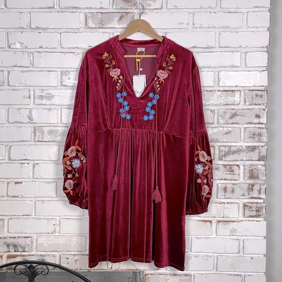 aofur Tops - Burgundy Velvet Floral Embroidered Tassel Balloon Sleeve Tunic Mini Dress
